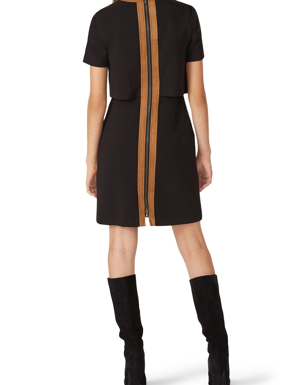 RTR - Toccin Black Mini dress Tan Trim -fully lined Sz 4 - Picture 2 of 14